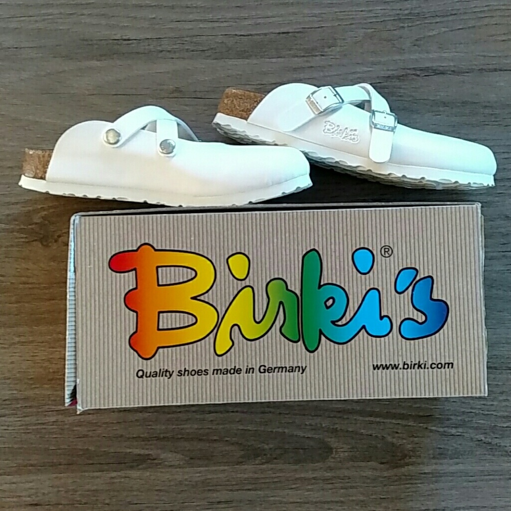 Birki's Dorian White Leather Cork Footbed Clogs